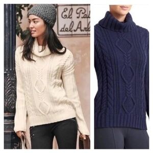 ATHLETA S Navy Blue Plains Merino Wool Cable Knit Fisherman's Sweater Cowl Neck